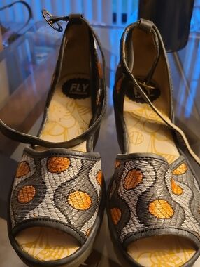 FLY London Gray and Orange Embroidered Peep-Toe Heels